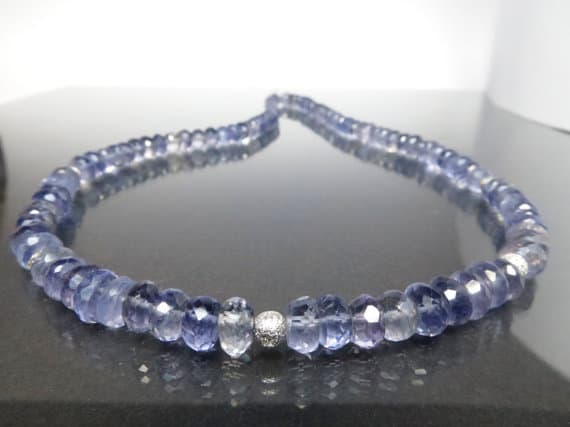 925 sterling Silver Positive Energy Silver helling 7mm stacking Blue Iolite Necklace Rondelle, Faceted 17" for mens, womens.