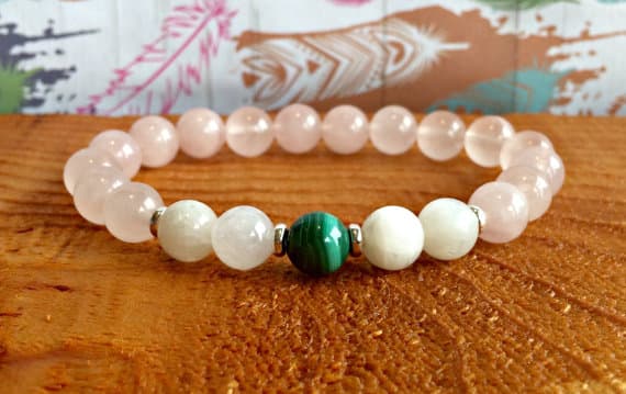 Blush Jewelry 8mm Stretchable Multi Rose Quartz, Moonstone & Malachite Bracelet Round, Smooth 7" for mens, womens, gf, bf & Adult.