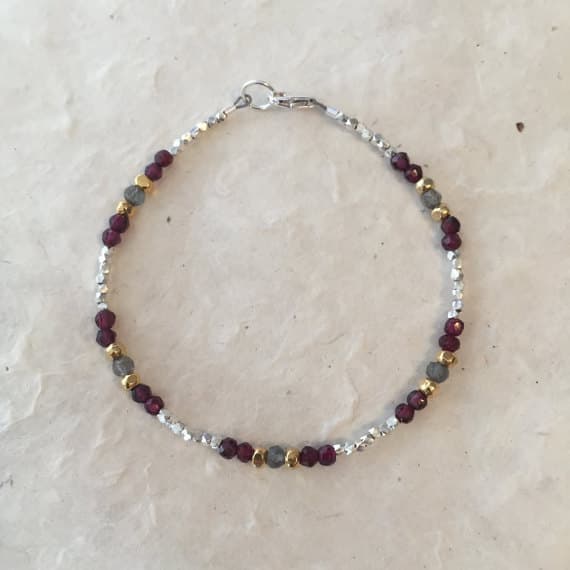 Garnet Labradorite Karen Hill Tribe Thai Silver and Gold Beaded Bracelet, Sundance Style, Sterling Silver, January Birthstone, Boho Chic 3-4mm Code- WAR6427