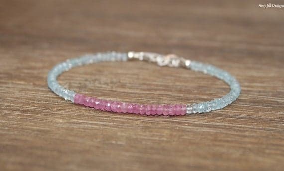 925 sterling Silver top quality 3mm stacking Aqua & Pink Pink Sapphire and Aquamarine Bracelet Rondelle, Smooth 7" for mens, womens, gf, bf & Adult.
