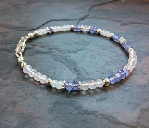 Delicate Gemstone Bracelet, Tanzanite, Moonstone, & Rose Quartz w 925 Sterling Silver, Slim Bracelet, Stylish Bracelet, Stackable Bracelet 3.5mm   Code- WAR6840