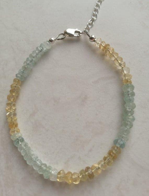 925 sterling Silver Personalized Gift 3-5mm stacking Multi Aquamarine,Citrine Bracelet Rondelle, Faceted 7" for mens, womens, gf, bf & Adult.
