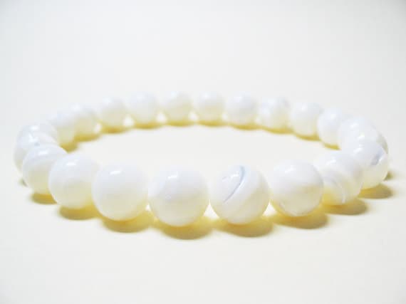 Natural 8mm Stretchable white Pearl Bracelet Round, Smooth 7" for mens, womens, GF, BF, Adults.