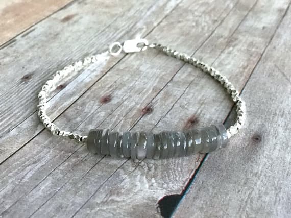 925 sterling silver chakras simple 5mm Gray Grey Moonstone stacking Bracelet Rondelle, Smooth 18cm for mens, womens, gf, bf and adults.