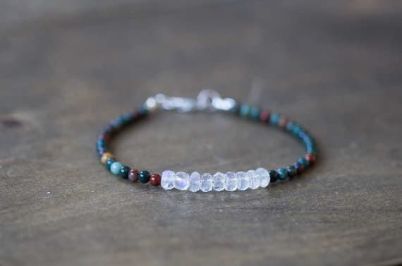925 sterling silver Anniversary Gift 4-5mm Multi Colour Bloodstone & Rainbow Moonstone stacking Bracelet Round , Smooth 18cm for mens, womens, gf, bf and adults.