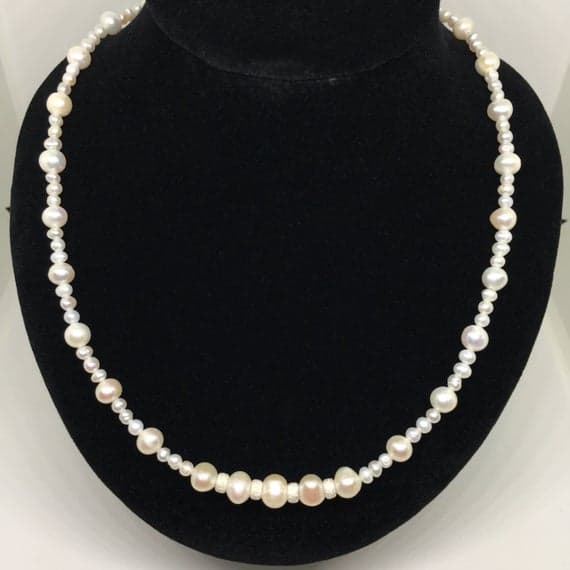 925 sterling Silver chakras simple 4-6mm stacking White Pearl Necklace Rondelle, Smooth 17" for mens, womens, gf, bf & Adult.