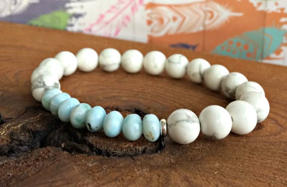 Bridesmaid Jewelry 8mm Stretchable Blue & White Larimar & Howlite  Bracelet Round & Rondelle, Smooth 7" for mens, womens, gf, bf & Adult.