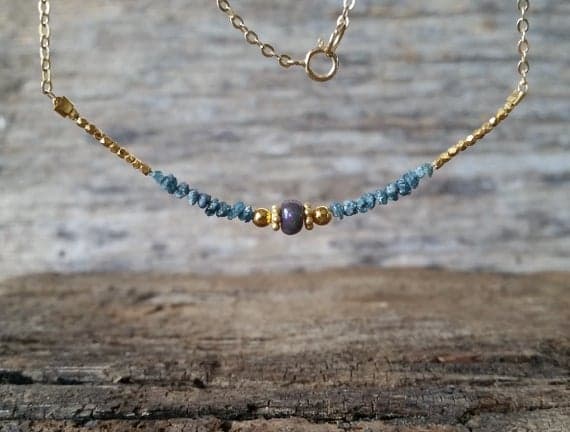 Blue Diamond and Black Welo Opal Gold Necklace, Raw Uncut Precious Diamond Jewelry, Bar Necklace ,April, October Birthstone 2.5-3mm Code- WAR6676