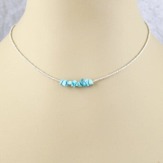 925 sterling Silver love beach youth 3.5-5mm stacking Blue Rough Turquoise Necklace Fancy, Faceted 16" for mens, womens, gf, bf & Adult.