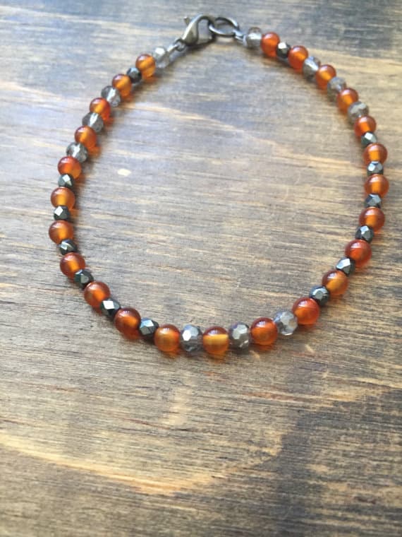 925 sterling Silver Anxiety Relief Calming 2-4mm stacking Gray & Orange Carnelian & Czech  Bracelet Round, Faceted & Smooth 7" for mens, womens, gf, bf & Adult.