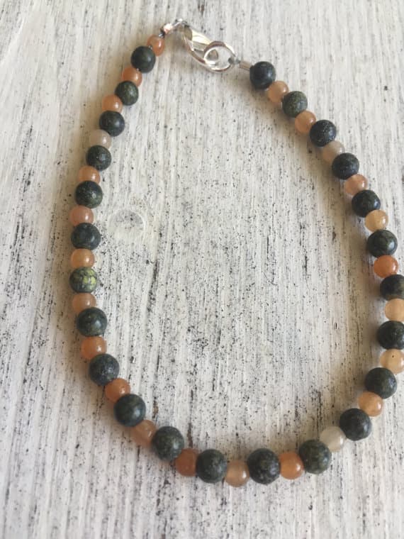 925 sterling Silver Empath Protection 4-6mm stacking Green & Red Aventurine & Serpentine Bracelet Round, Smooth 7" for mens, womens, gf, bf & Adult.