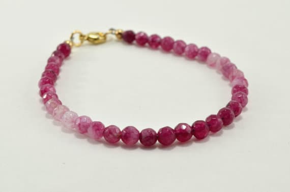 24k gold Plated Dainty Slave Loose 4 mm Stracking pink Pink Purple Jade Bracelet Round, Faceted 7" for mens, womens, GF, BF, Adults.