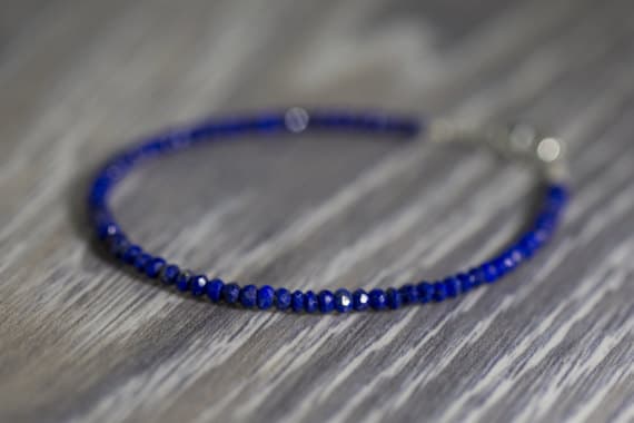 925 sterling Silver Artisan Loose 2.5mm stacking Blue Lapis Lazuli  Bracelet Rondelle, Faceted 7" for mens, womens.