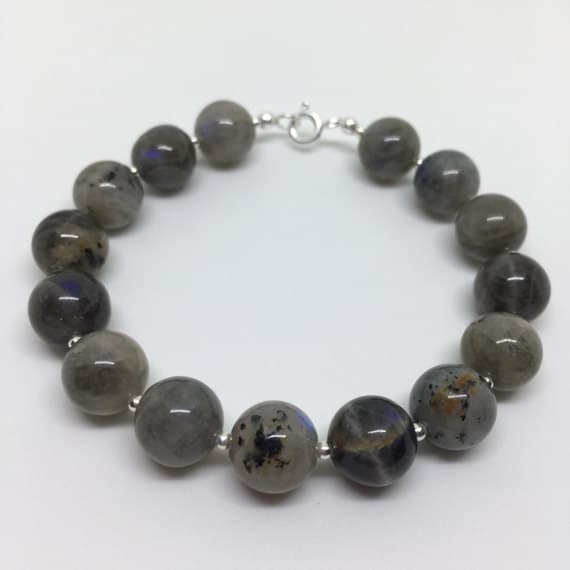 925 sterling Silver memorial gift Silver Helling 10mm stacking Gray Labradorite Bracelet Round, Smooth 7.5" for mens, womens, gf, bf & Adult.