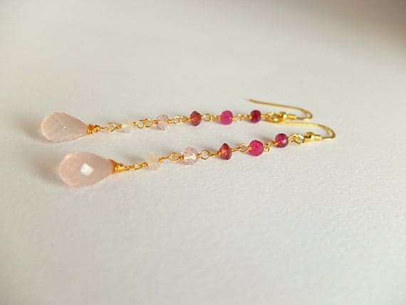 AAA++ Rare Quality Pink Ombre Earrings,Long Dangle,linear rose quartz,garnet,ruby earrings ombre red and pink gemstone earrings,linear rose quartz garnet ruby 3/ mm Code- TJH215
