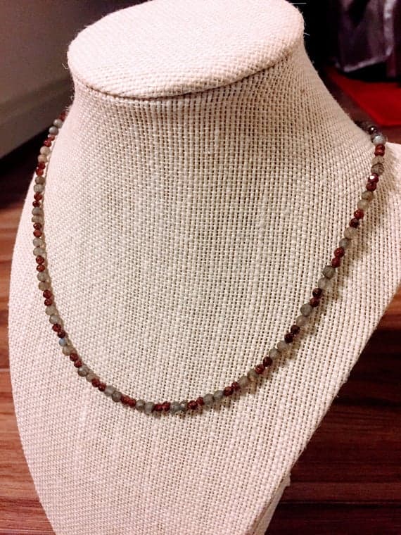 925 sterling Silver Jewelry Energy 3mm stacking Red & Gray Garnet and Labradorite Necklace Round, Faceted 17" for mens, womens, gf, bf & Adult.