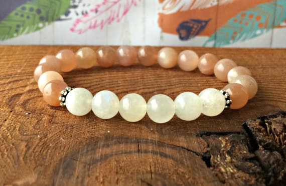 Personalized Gift 8mm Stretchable Multi Sunstone & Moonstone Bracelet Round, Smooth 7" for mens, womens, gf, bf & Adult.