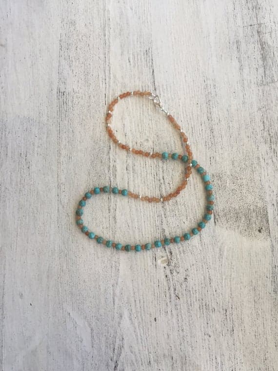 925 sterling Silver Blush Jewelry Silver Helling 3-4mm stacking Blue & Orange Magnesite, Aventurine Necklace Round, Smooth 18" for mens, womens, gf, bf & Adult.