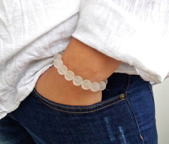 Unique Wedding Gift 12mm White MOUNTAIN CRYSTA Stretchable Bracelet Round, Smooth 18cm for mens, womens, gf, bf and adults.