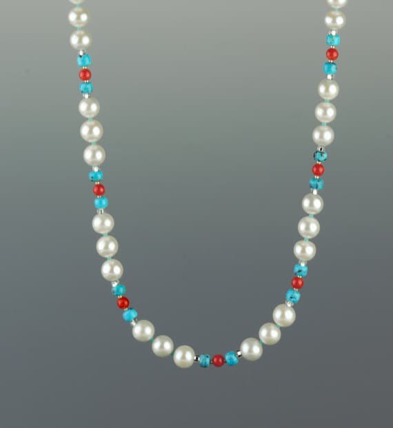 Pearl Necklace w Nacorazi Turquoise & Sardinian Coral, White Pearl Multi Gem Necklace, 925 Sterling Silver, Unusual Pearls, Quality Pearls 8mm  Code- WAR6825