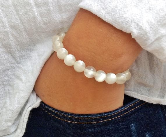 good luck gift 8mm White CAT'S EYE Stretchable Bracelet Round, Smooth 18cm for mens, womens, gf, bf and adults.