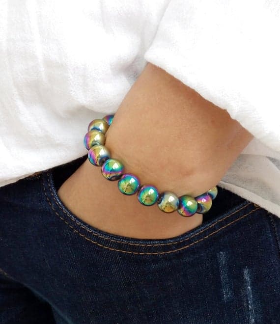 Natural 12mm Multi Colour GLASS CRYSTAL Stretchable Bracelet Round, Smooth 18cm for mens, womens, gf, bf and adults.