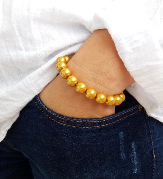 good luck gift 12mm Gold,Silver Gold  Pearl  Stretchable Bracelet Round, Smooth 18cm for mens, womens, gf, bf and adults.