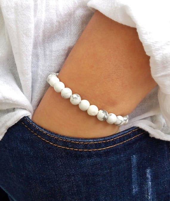 Jewelry Energy 8mm White WHITE HOWLITE Stretchable Bracelet Round, Smooth 18cm for mens, womens, gf, bf and adults.