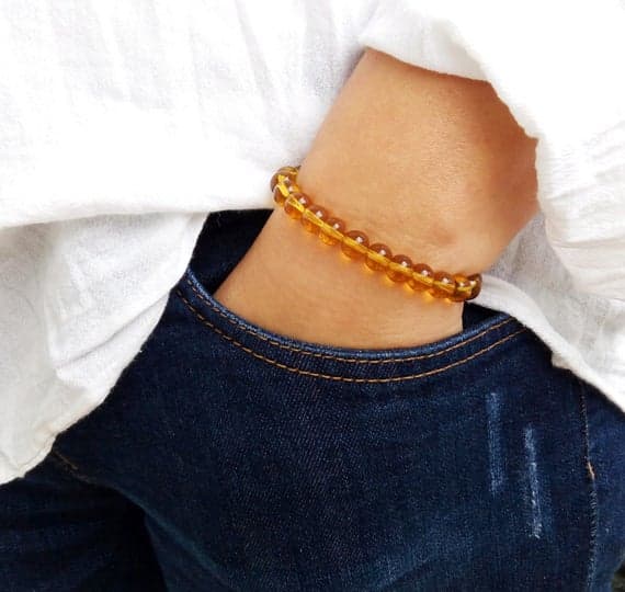 Positive Energy 8mm Yellow Citrine Stretchable Bracelet Round, Smooth 18cm for mens, womens, gf, bf and adults.