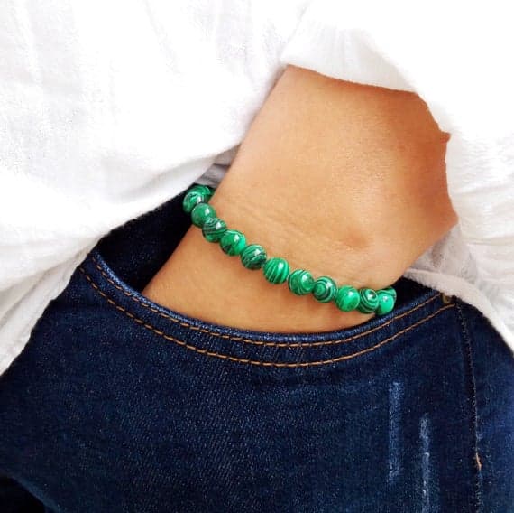 Unique Wedding Gift 8mm Green Malachite Stretchable Bracelet Round, Smooth 18cm for mens, womens, gf, bf and adults.