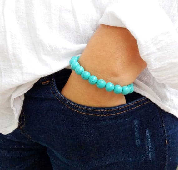 Rock Gift 10mm Blue Turquoise Stretchable Bracelet Round, Smooth 18cm for mens, womens, gf, bf and adults.