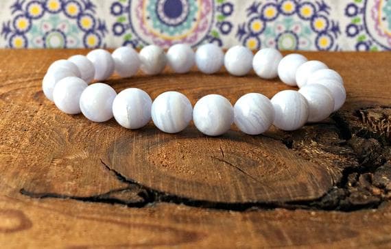 memorial gift 8mm Stretchable White Blue Lace Agate Bracelet Round, Smooth 7" for mens, womens, gf, bf & Adult.