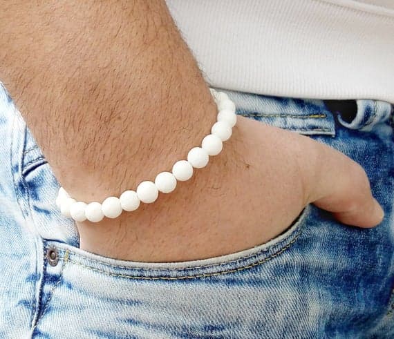 Wholesale 8mm White White Lava Stretchable Bracelet Round, Smooth 18cm for mens, womens, gf, bf and adults.