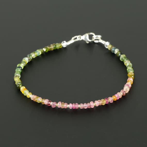 Faceted Watermelon Tourmaline Gemstone Bracelet w Tiny Gold Beads, Boho Skinny Bracelet, Multicolor Stackable Bracelet, Genuine Gemstones 2.5-2.8mm Code- WAR6830