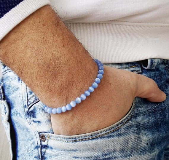 memorial gift 6MM Blue  Blue Cat's Eye Stretchable Bracelet Round, Smooth 18cm for mens, womens, gf, bf and adults.