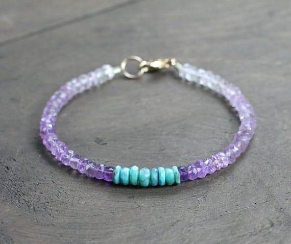 925 sterling silver Positive Energy 4-4.5mm Multi Colour Ombre Amethyst & Turquoise stacking Bracelet Rondelle, Faceted 18cm for mens, womens, gf, bf and adults.