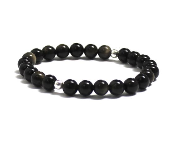 Galaxy Jewelry silver helling 10mm stretchable Black Black Obsidian Bracelet Round, Smooth 7.5" for mens, womens, GF, BF, Adults.