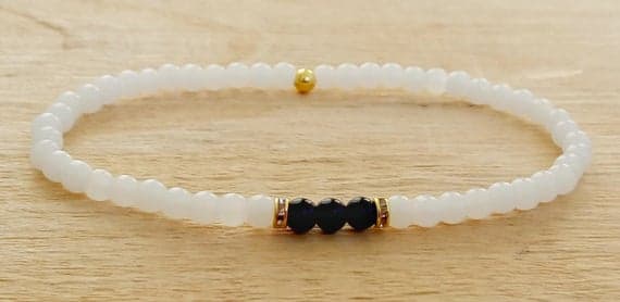 Unique Wedding Gift 4mm Multi Colour Black onyx WHITE AGATE Stretchable Bracelet Round, Smooth 18cm for mens, womens, gf, bf and adults.