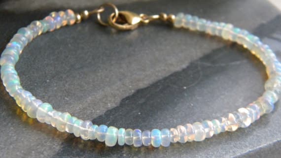24k gold Plated Anniversary Gift 3-4mm stacking White White Ethiopian Opal Bracelet Rondelle, Smooth 7" for mens, womens, gf, bf & Adult.