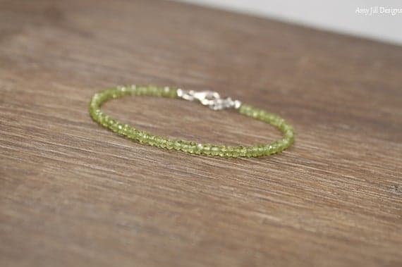 925 sterling Silver love beach youth 3-3.5mm stacking Green Peridot Bracelet Rondelle, Faceted 7" for mens, womens, gf, bf & Adult.