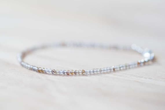 925 sterling silver memorial gift 2mm White Rutilated Quartz stacking Bracelet Round, Smooth 18cm for mens, womens, gf, bf and adults.