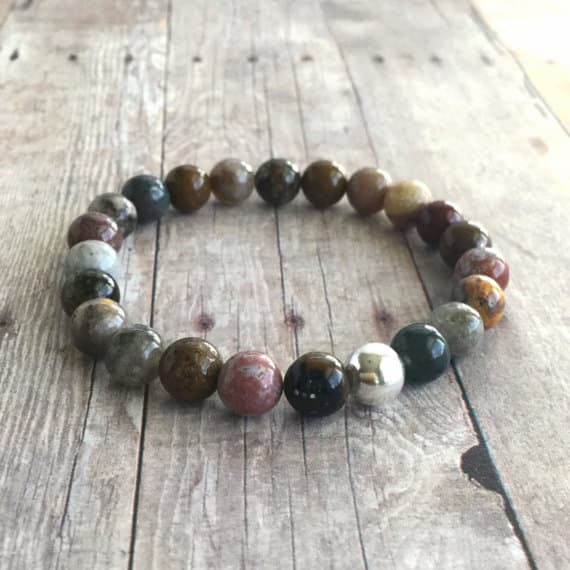 925 sterling silver Dainty Slave Loose 8mm Multi Colour Ocean Jasper Stretchable Bracelet Round, Smooth 18cm for mens, womens, gf, bf and adults.