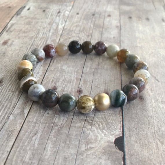 Rose Gold Positive Energy 8mm Multi Colour Ocean Jasper  Stretchable Bracelet Round, Smooth 18cm for mens, womens, gf, bf and adults.