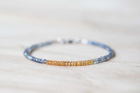 925 sterling silver Empath Protection 3-3.5mm Multi Colour Labradorite & Yellow Sapphire  stacking Bracelet Rondelle , Faceted 18cm for mens, womens, gf, bf and adults.