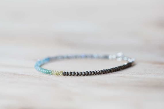 925 sterling silver Rock Gift 2.5-3mm Multi Colour Aquamarine, Pyrite & Labradorite stacking Bracelet Rondelle, Faceted 18cm for mens, womens, gf, bf and adults.
