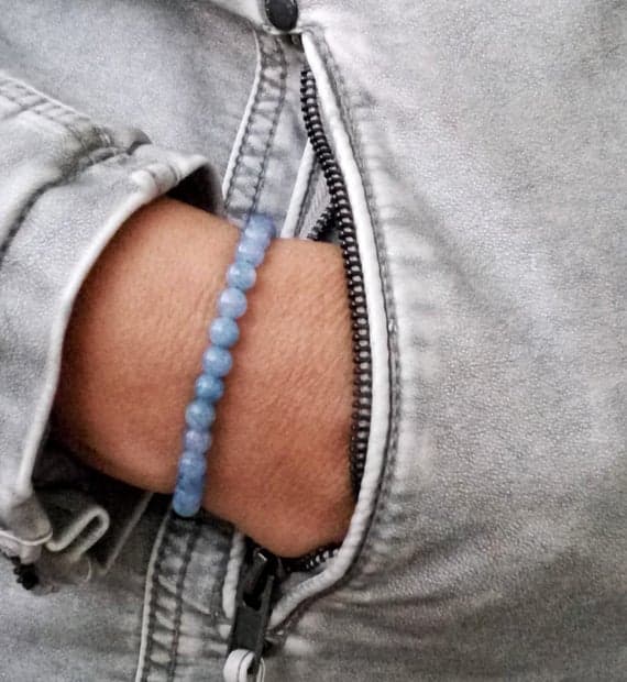 Rock Gift 6mm Blue AQUAMARINE Stretchable Bracelet Round, Smooth 18cm for mens, womens, gf, bf and adults.