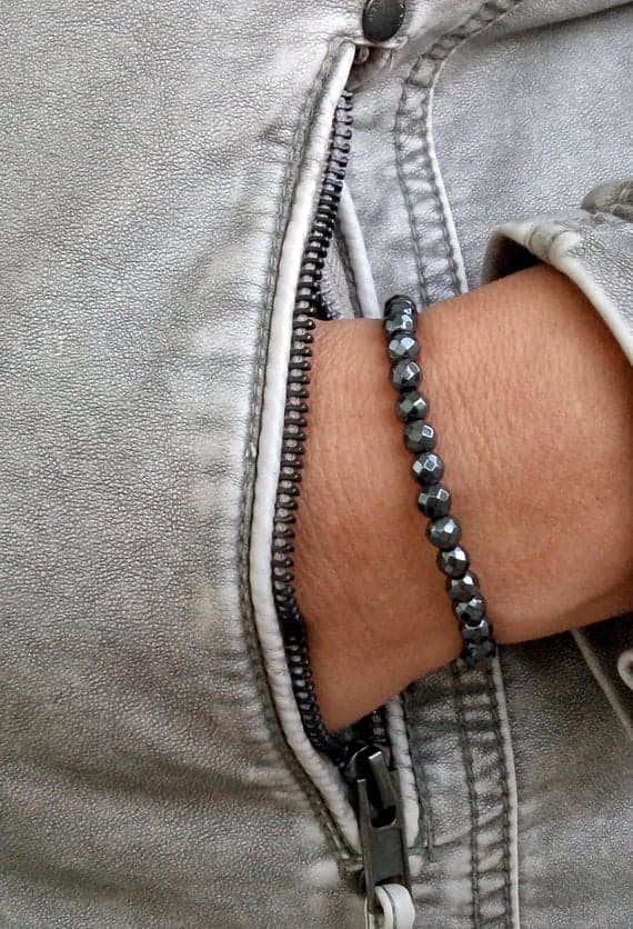 Empath Protection 6mm Silver HEMATITE Stretchable Bracelet Round, Faceted 18cm for mens, womens, gf, bf and adults.
