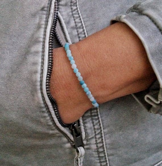 Anxiety Relief Calming 4mm Sky Blue AGATE Stretchable Bracelet Round, Smooth 18cm for mens, womens, gf, bf and adults.