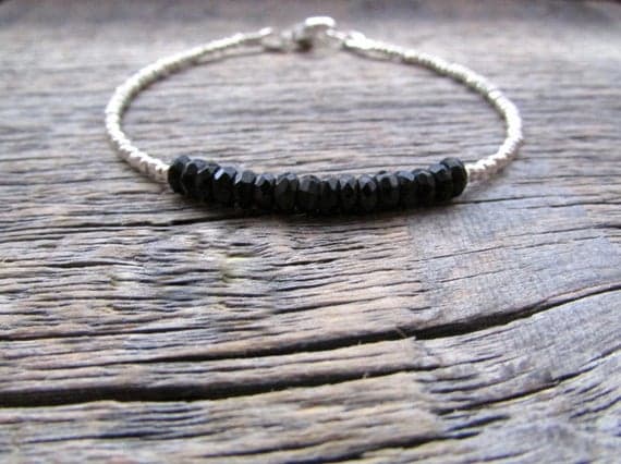 AAA++ Rare Quality Black Onyx Bracelet, Onyx Stack Bracelet, Black Bead Bracelet, Chakra Bracelet, Onyx Jewelry, Hill Tribe Silver Plated Bracelet , Gift For Her, Mom 4-4.5mm 7" Strand. Code- TJH386