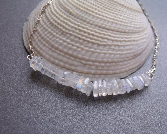 Rainbow Moonstone Gemstone Sterling Silver Bar Chain Necklace 4x5mm Code- WAR6489